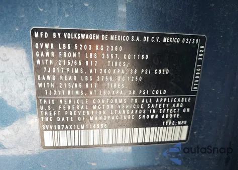 2020 Volkswagen Tiguan 2.0T S z USA, uszkodzony, nr VIN 3VV1B7AX1LM114966